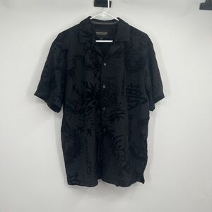 Mens Baroque Gold Drill Clothing Button Shirt L Black Jaquard Asian Dragon Print